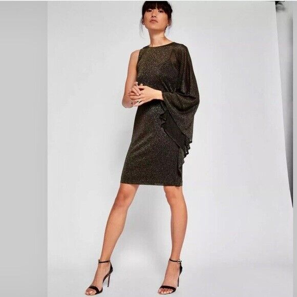 NWT Ted Baker Monyca Black Gold Metallic One Shoulder Draped Dress Size 4