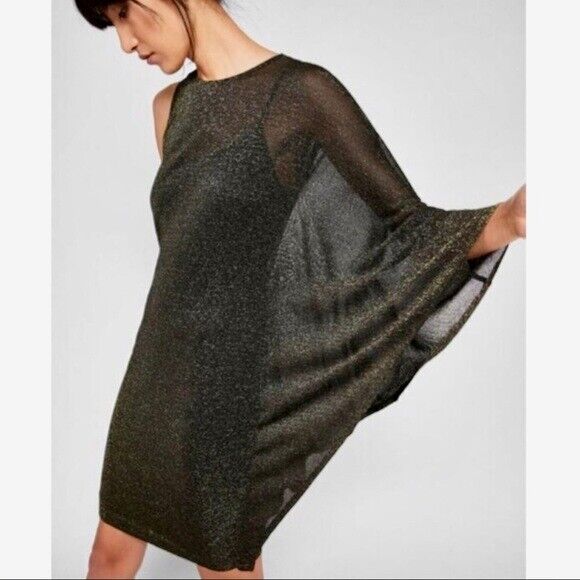 NWT Ted Baker Monyca Black Gold Metallic One Shoulder Draped Dress Size 4