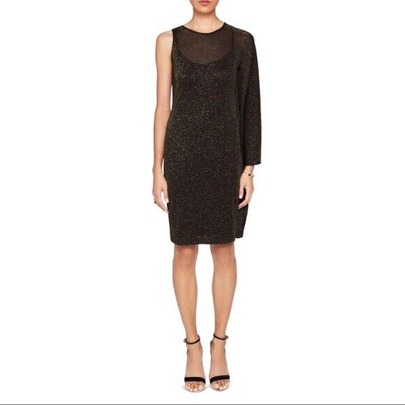 NWT Ted Baker Monyca Black Gold Metallic One Shoulder Draped Dress Size 4