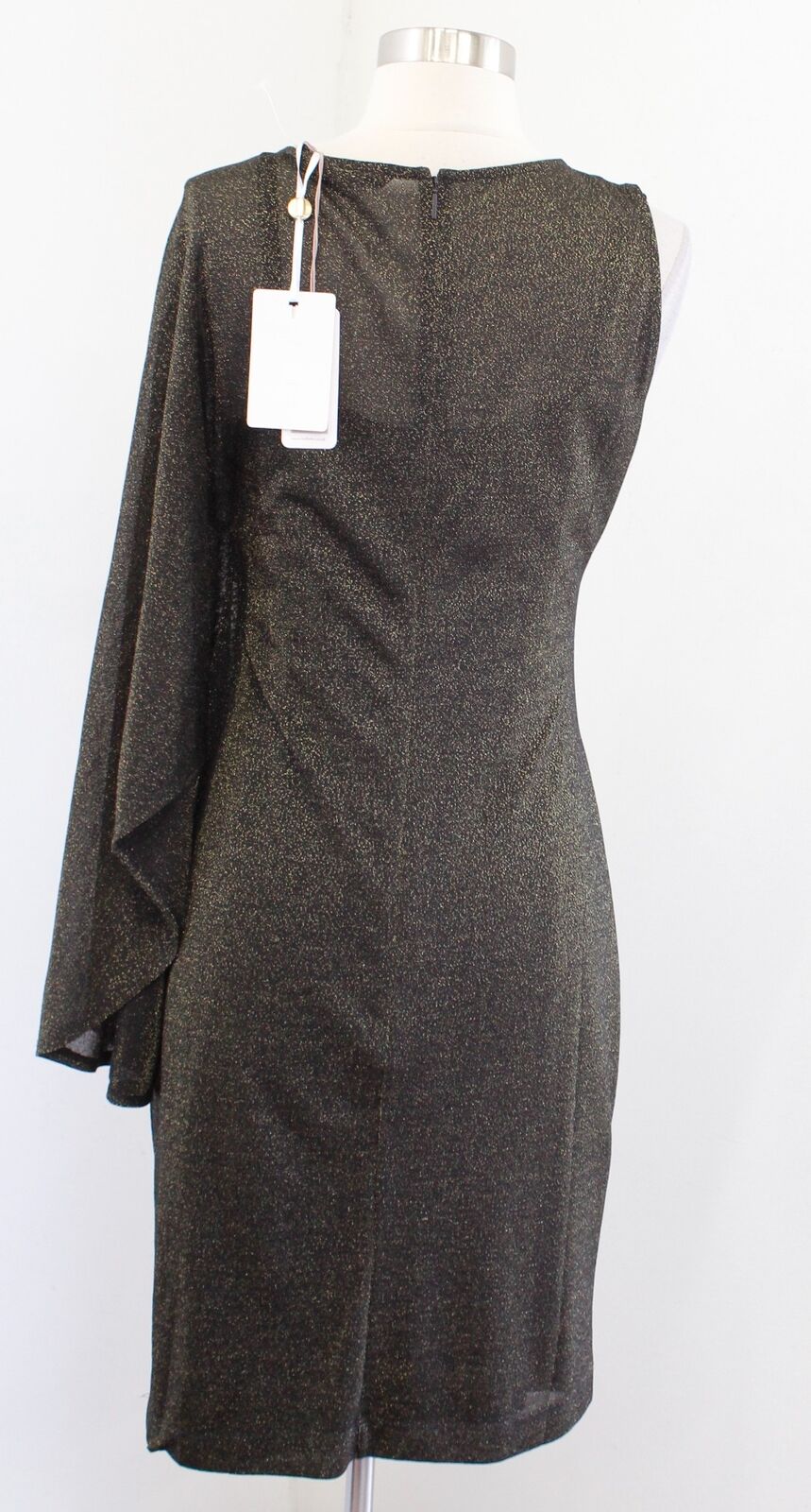 NWT Ted Baker Monyca Black Gold Metallic One Shoulder Draped Dress Size 4
