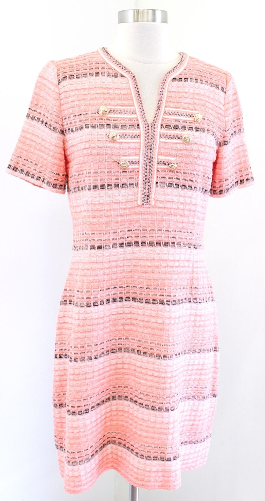 NWT $275 Ming Wang Peach Coral Striped Honeycomb Knit Dress Size XS Gold Shift