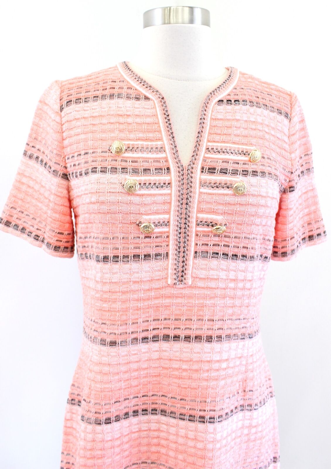 NWT $275 Ming Wang Peach Coral Striped Honeycomb Knit Dress Size XS Gold Shift