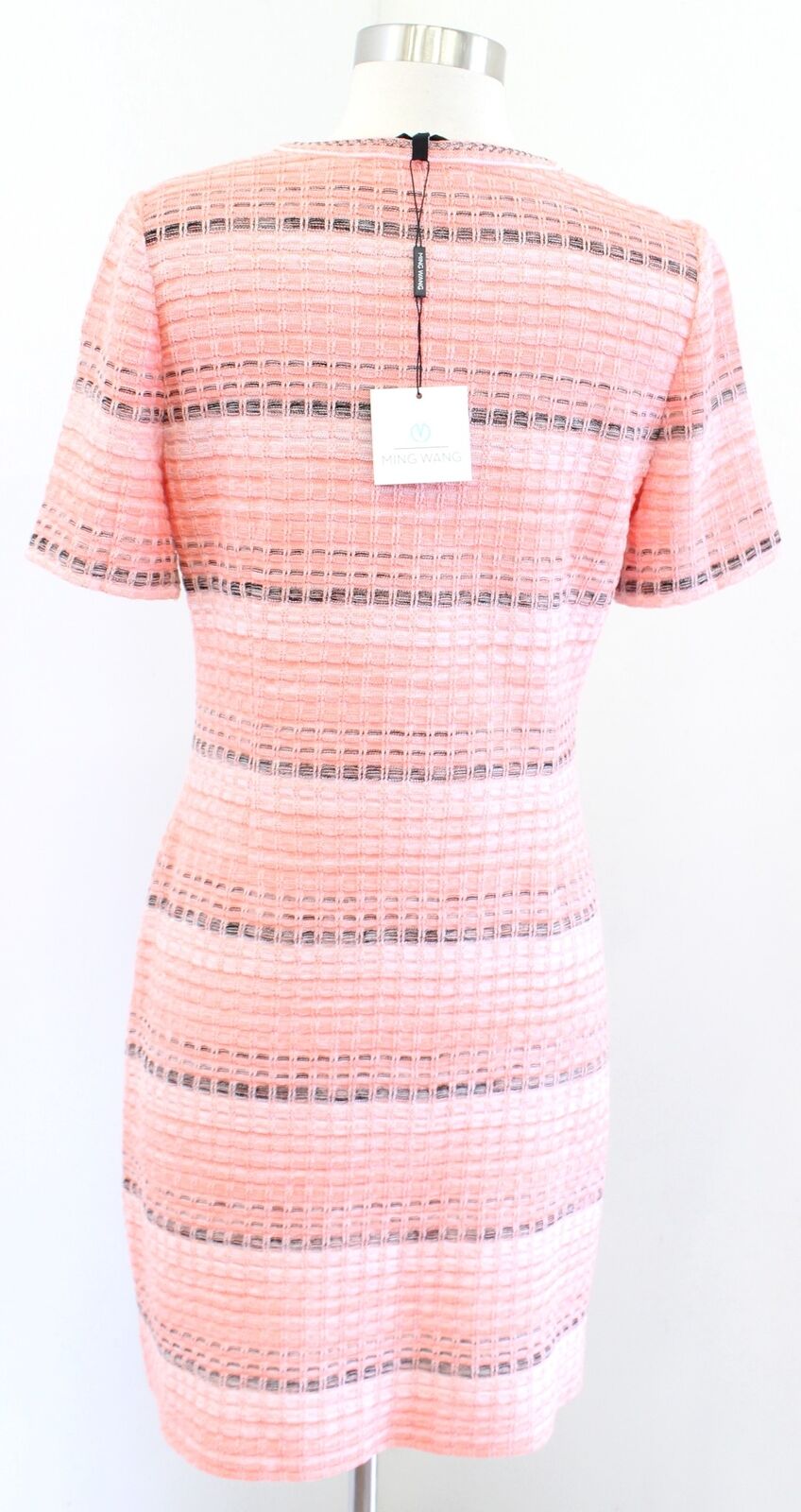 NWT $275 Ming Wang Peach Coral Striped Honeycomb Knit Dress Size XS Gold Shift