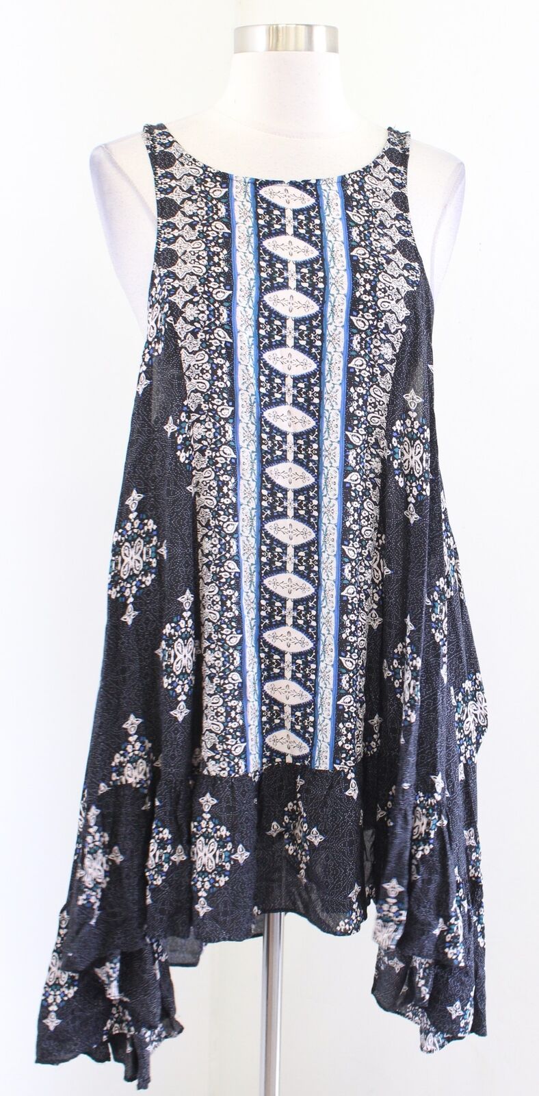 Free People Into You Black Blue Geometric Asymmetrical Slip Mini Dress Size XS