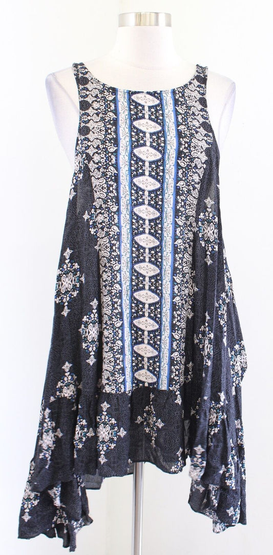 Free People Into You Black Blue Geometric Asymmetrical Slip Mini Dress Size XS