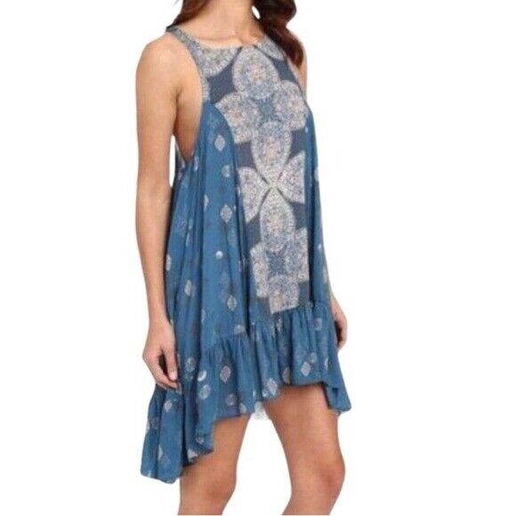 Free People Into You Black Blue Geometric Asymmetrical Slip Mini Dress Size XS