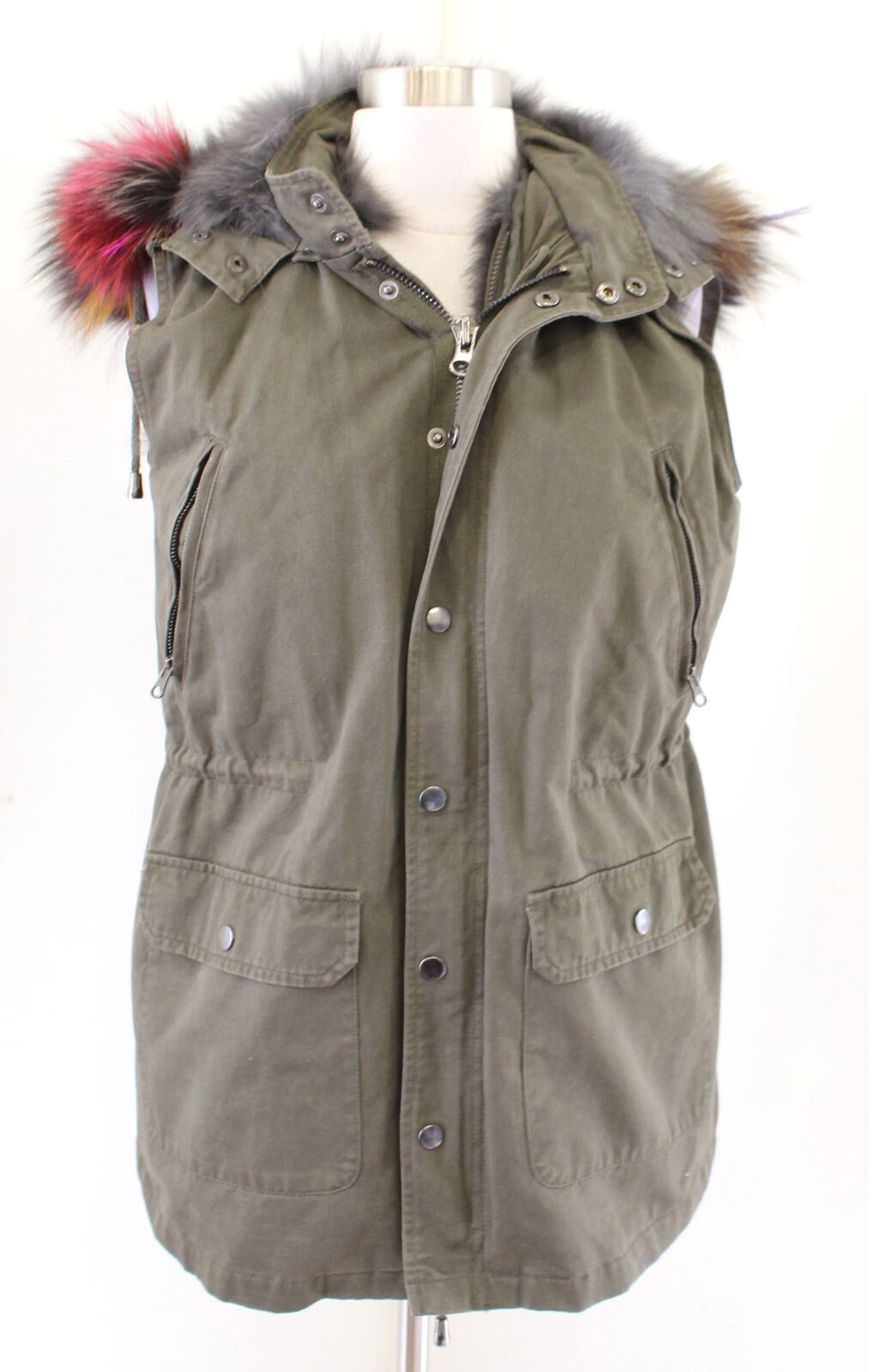 Annabelle by Scbmi Green Fox Fur Lined Colorful Fur Hood Utility Vest Size S