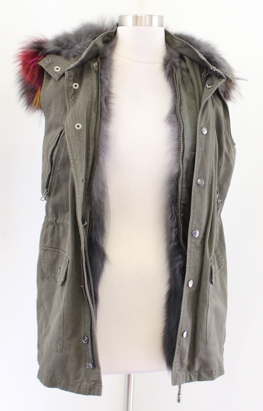 Annabelle by Scbmi Green Fox Fur Lined Colorful Fur Hood Utility Vest Size S