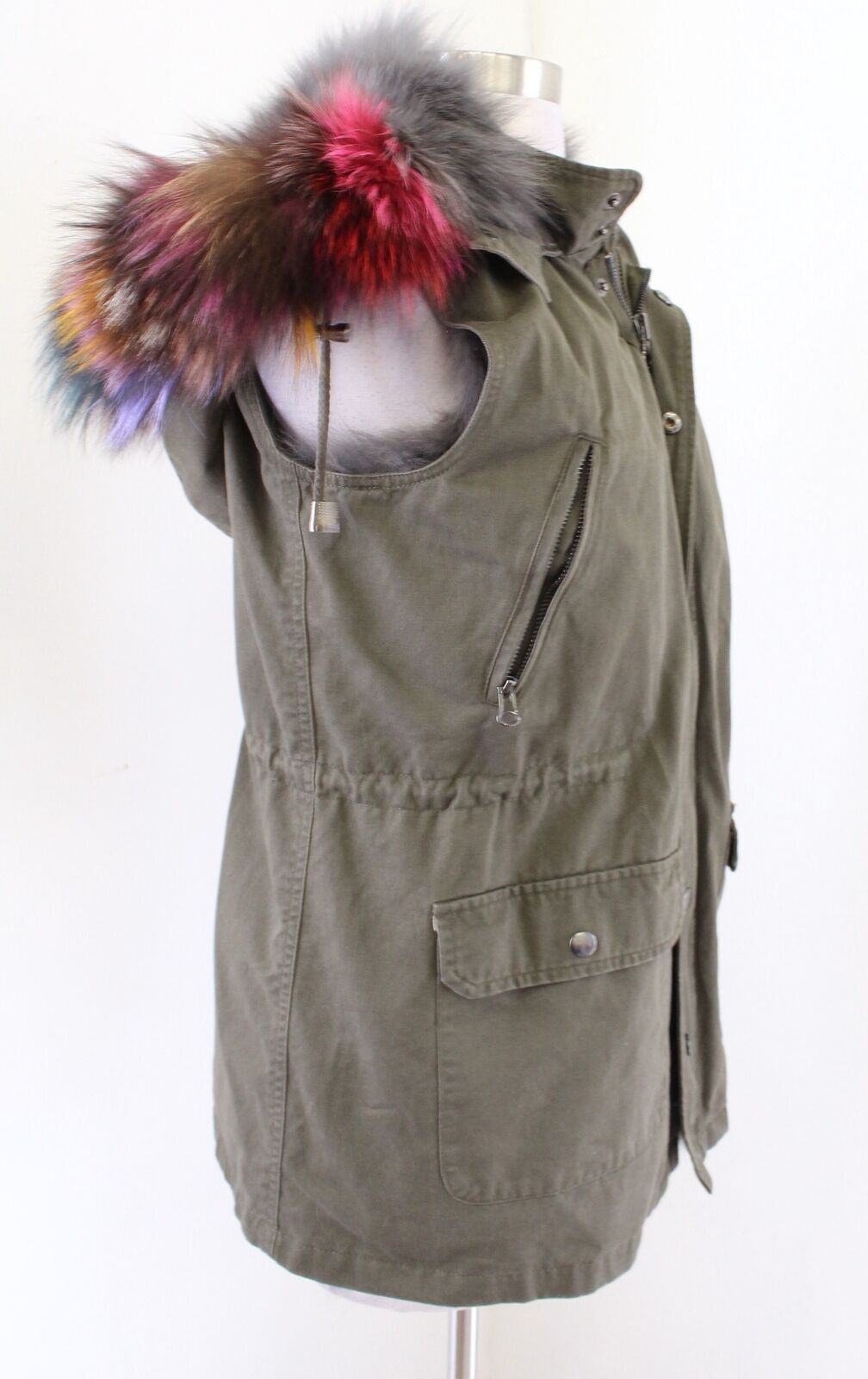 Annabelle by Scbmi Green Fox Fur Lined Colorful Fur Hood Utility Vest Size S