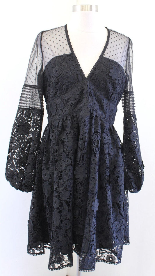 NWT French Connection Black Lace Puff Sleeve Fit & Flare Cocktail Party Dress 8