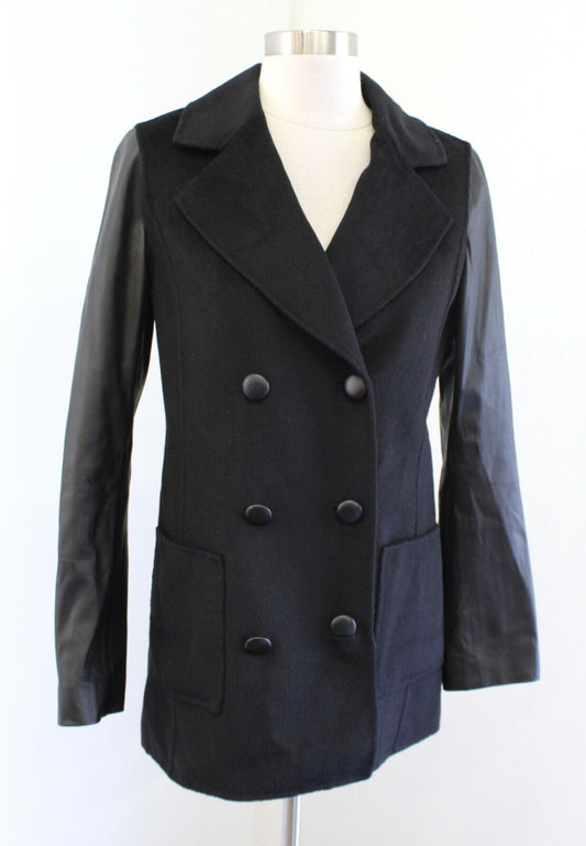 St John Nordstrom Black Lamb Leather Angora Double Breasted Jacket Coat Size 2