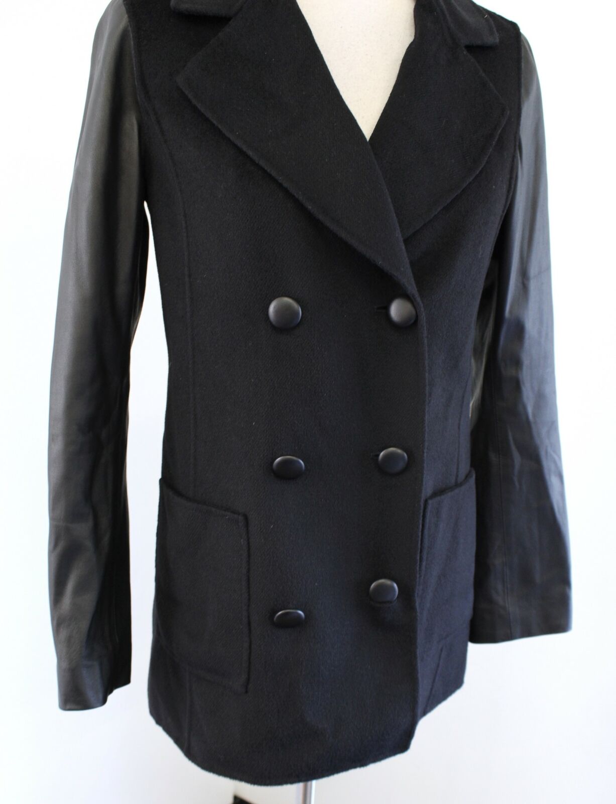 St John Nordstrom Black Lamb Leather Angora Double Breasted Jacket Coat Size 2