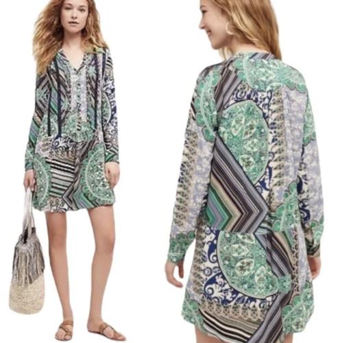 Tiny Anthropologie Caviana Geometric Paisley Shift Shirt Dress Size S Green