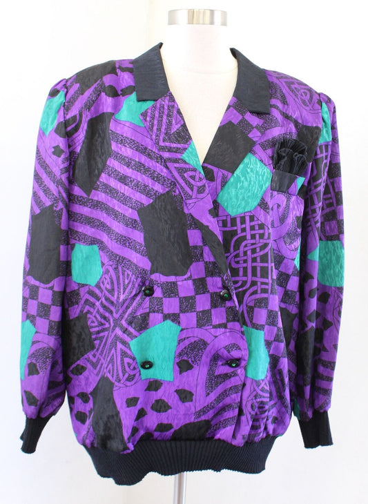 Vtg 80s 90s Purple Black Geometric Print Retro Bomber Style Jacket Size 14 Green