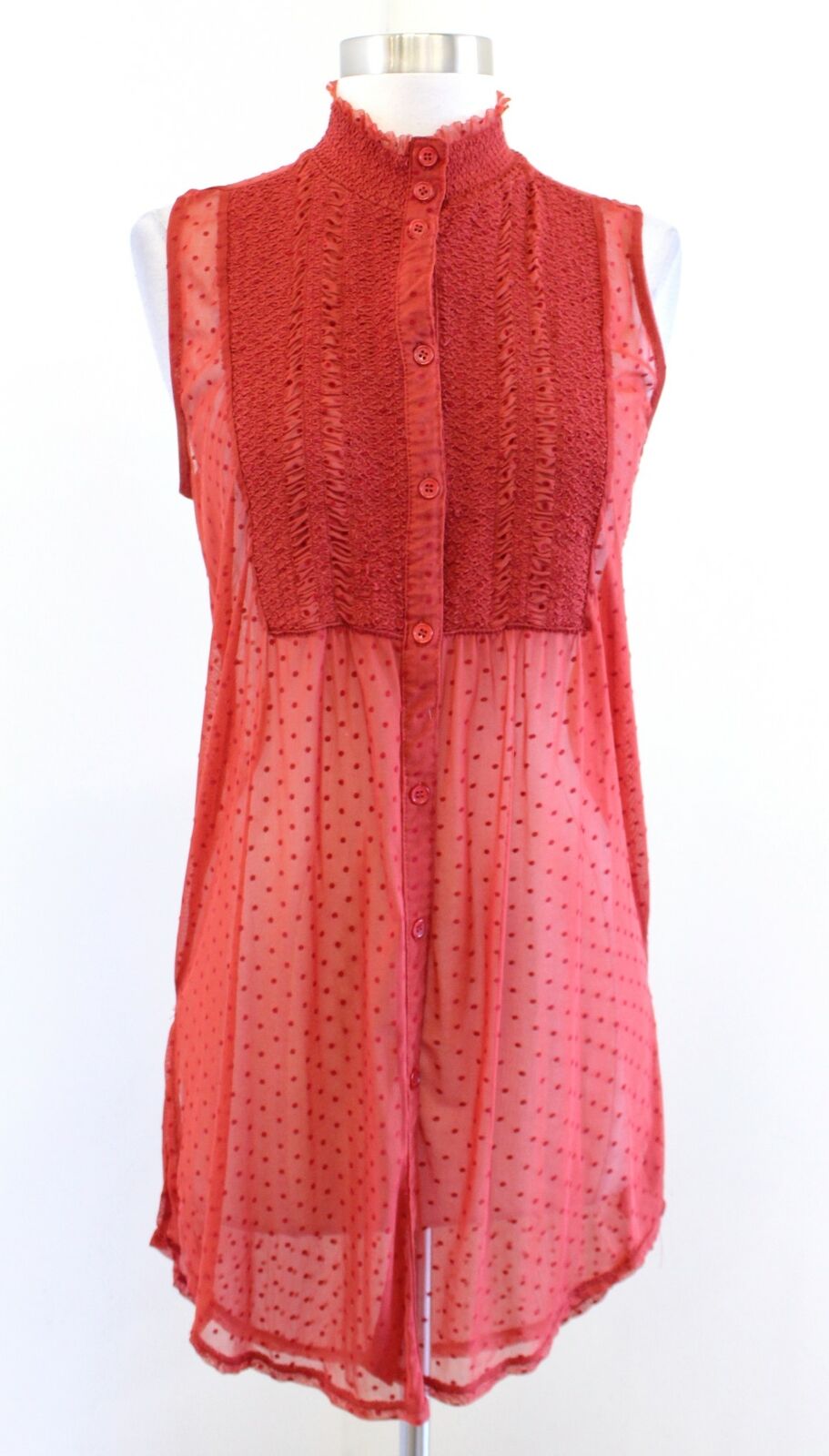 Vanessa Virginia Anthropologie Luella Rust Sheer Mesh Polka Dot Tunic Top Size S
