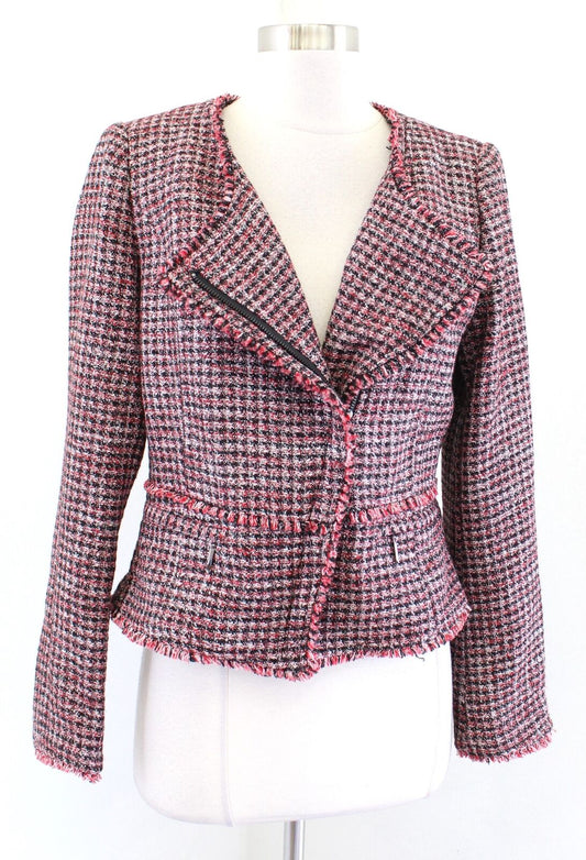 White House Black Market Red Metallic Tweed Fringe Zip Up Moto Blazer Jacket 4