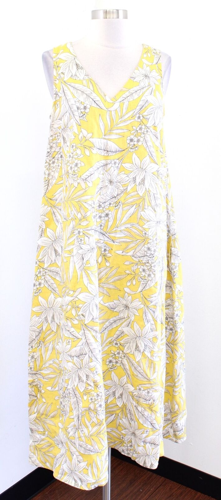 J Jill Love Linen Yellow Floral Leaf Print V Neck A Line Midi Maxi Dress Size S