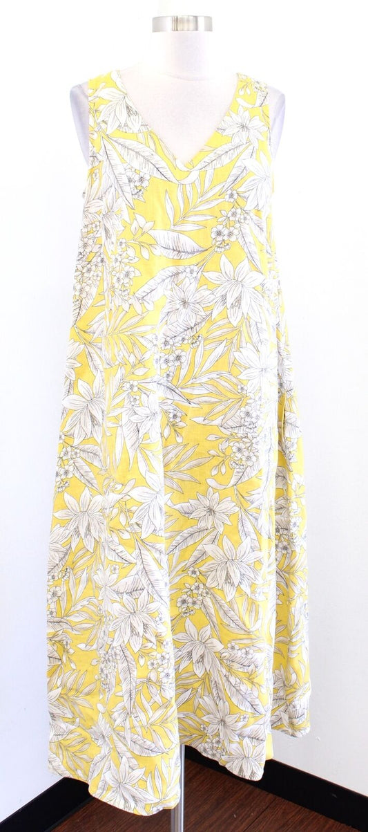 J Jill Love Linen Yellow Floral Leaf Print V Neck A Line Midi Maxi Dress Size S