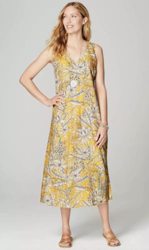 J Jill Love Linen Yellow Floral Leaf Print V Neck A Line Midi Maxi Dress Size S