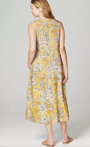 J Jill Love Linen Yellow Floral Leaf Print V Neck A Line Midi Maxi Dress Size S