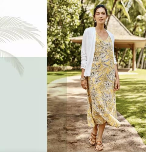 J Jill Love Linen Yellow Floral Leaf Print V Neck A Line Midi Maxi Dress Size S