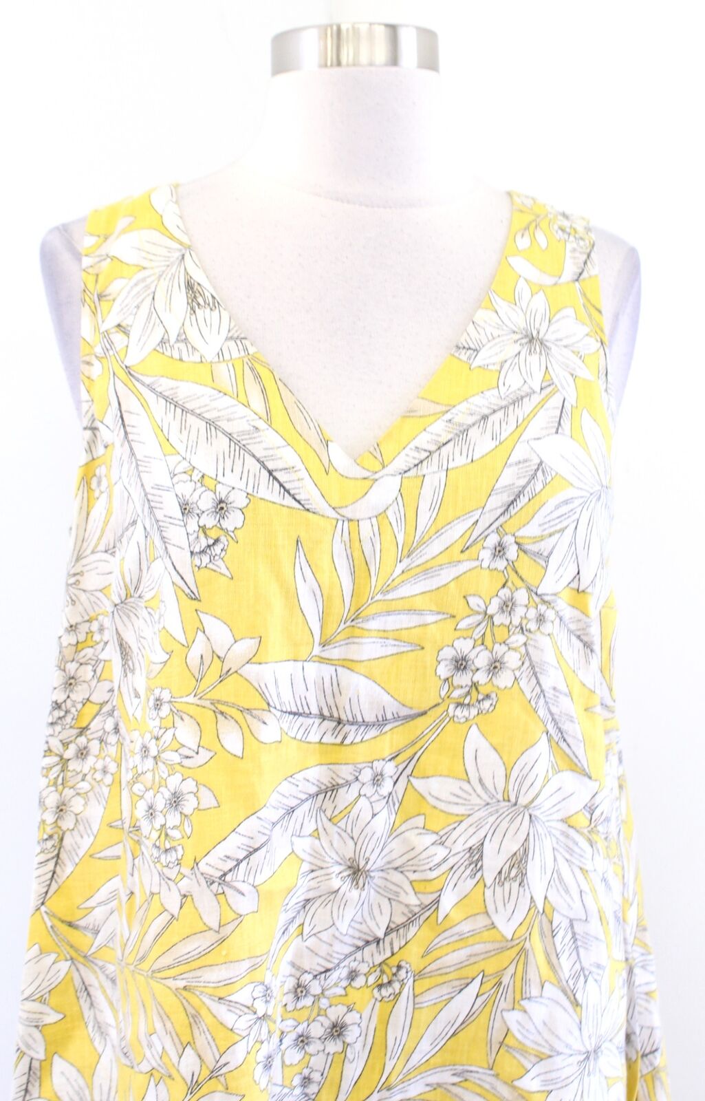 J Jill Love Linen Yellow Floral Leaf Print V Neck A Line Midi Maxi Dress Size S