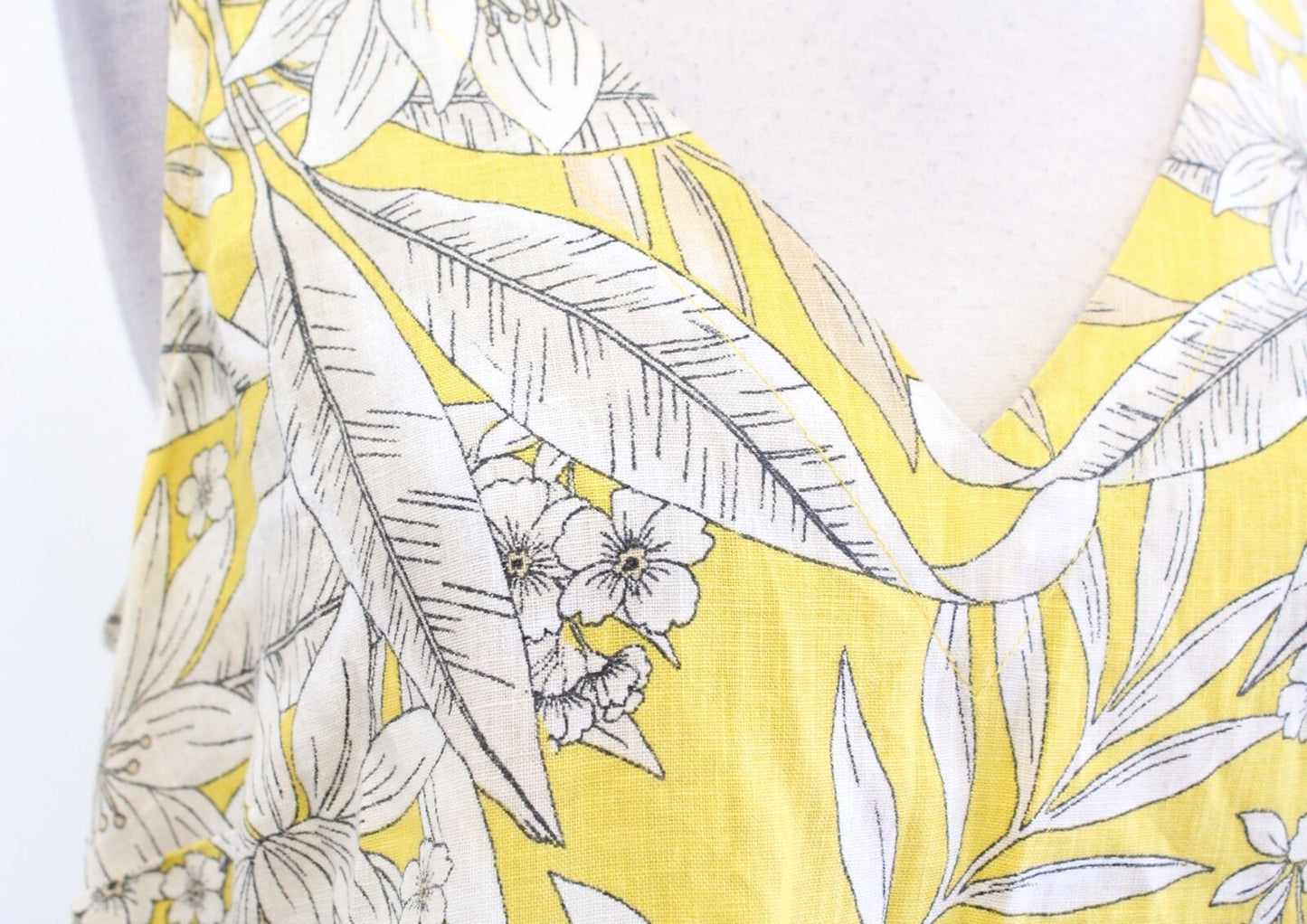 J Jill Love Linen Yellow Floral Leaf Print V Neck A Line Midi Maxi Dress Size S