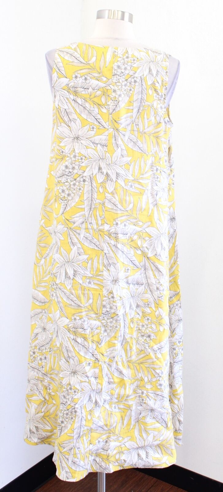 J Jill Love Linen Yellow Floral Leaf Print V Neck A Line Midi Maxi Dress Size S