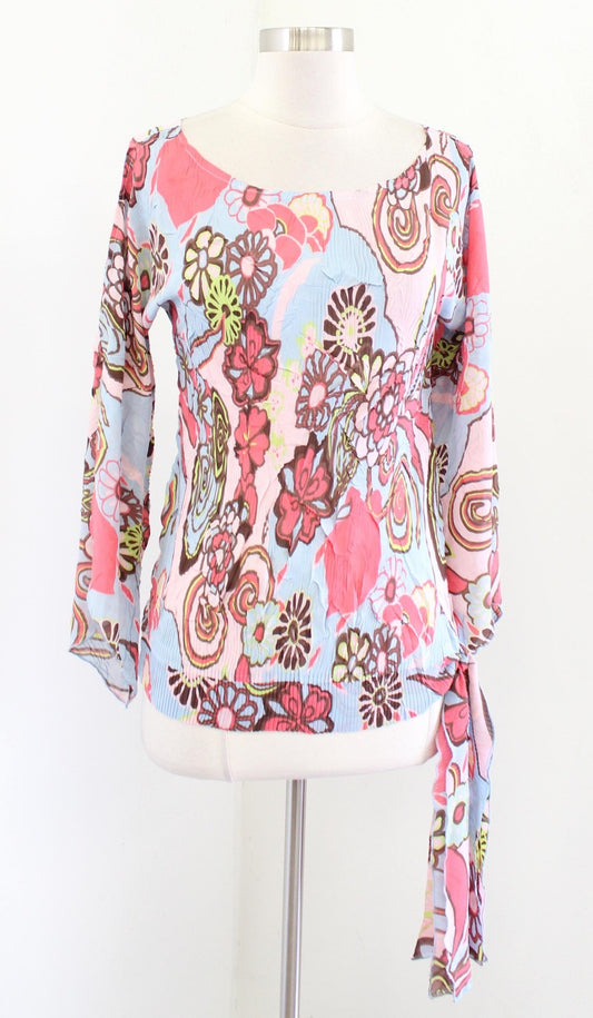 Y2k Cache Blouse Womens Large Multicolor Floral Crinkle Slit Sleeve Side Tie NWT
