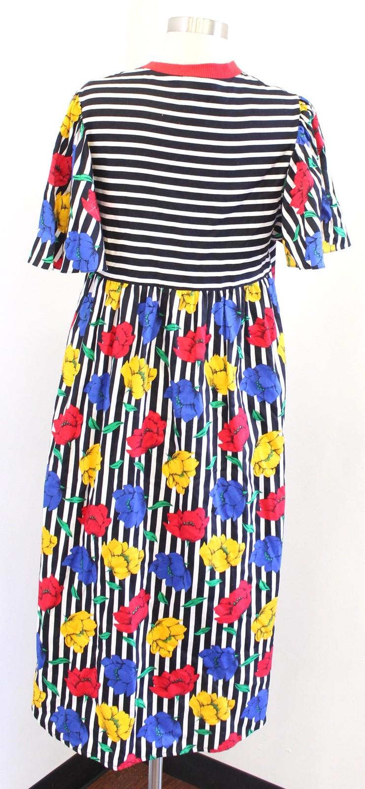 Vtg Black White Colorful Floral Striped House Dress Size S Retro Funky Unique