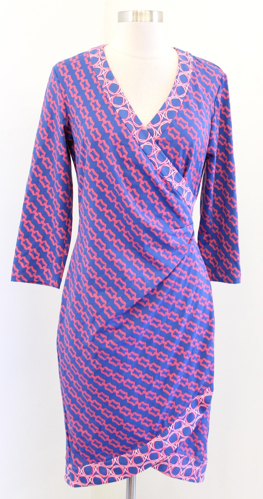 J McLaughlin Dress Womens Small Blue Geometric Faux Wrap 3/4 Sleeve Sheath