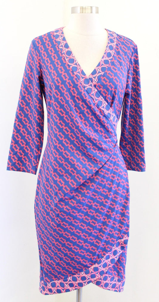 J McLaughlin Dress Womens Small Blue Geometric Faux Wrap 3/4 Sleeve Sheath