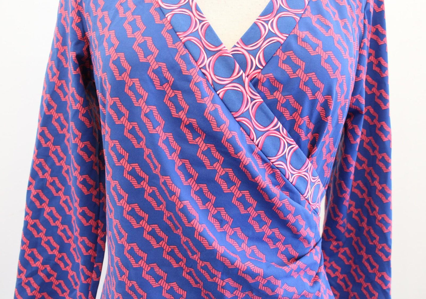 J McLaughlin Dress Womens Small Blue Geometric Faux Wrap 3/4 Sleeve Sheath