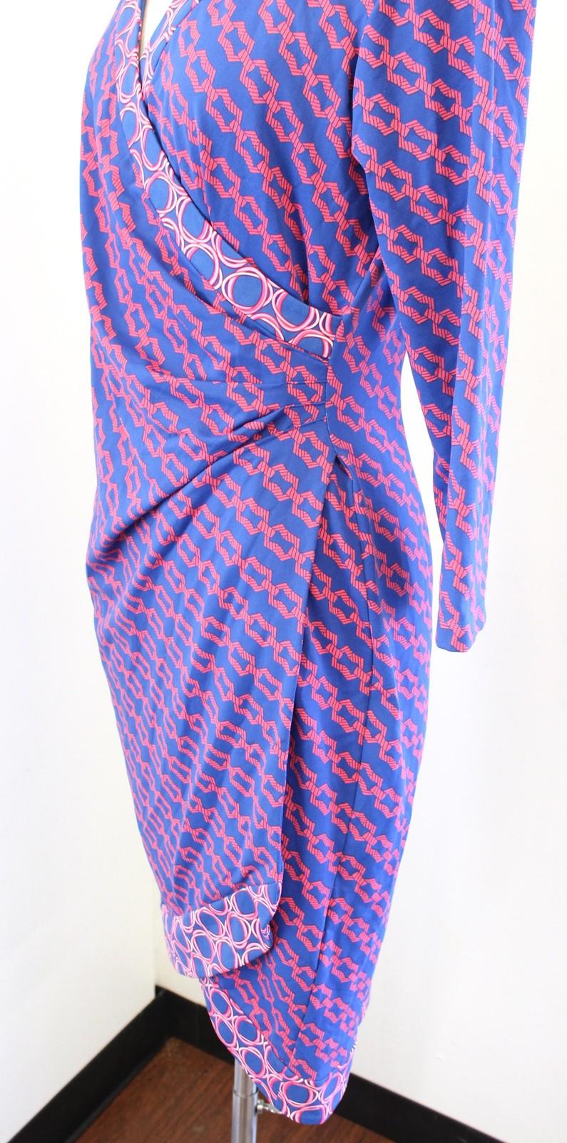 J McLaughlin Dress Womens Small Blue Geometric Faux Wrap 3/4 Sleeve Sheath