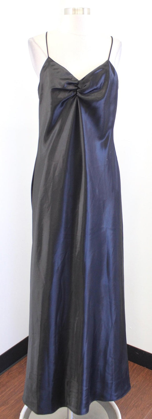 Vtg 90s y2k Dress Womens Large Black Satin Slip Maxi V Back Formal Evening Gown