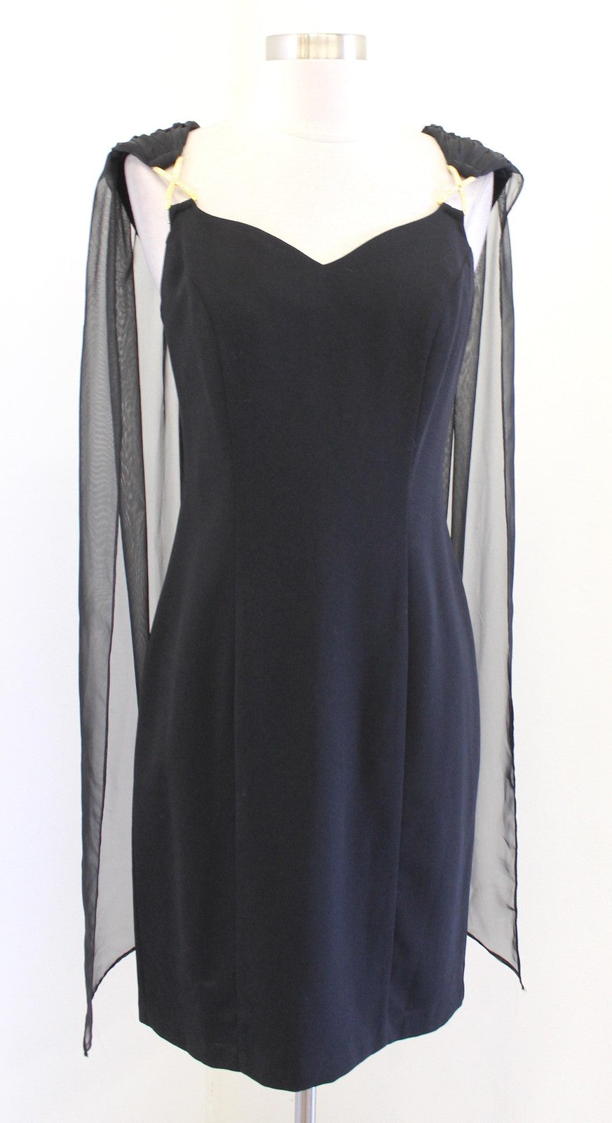 90s Cocktail Dress Womens Sz 10 S ? Black Sweetheart Sheath Chiffon Cape Mini
