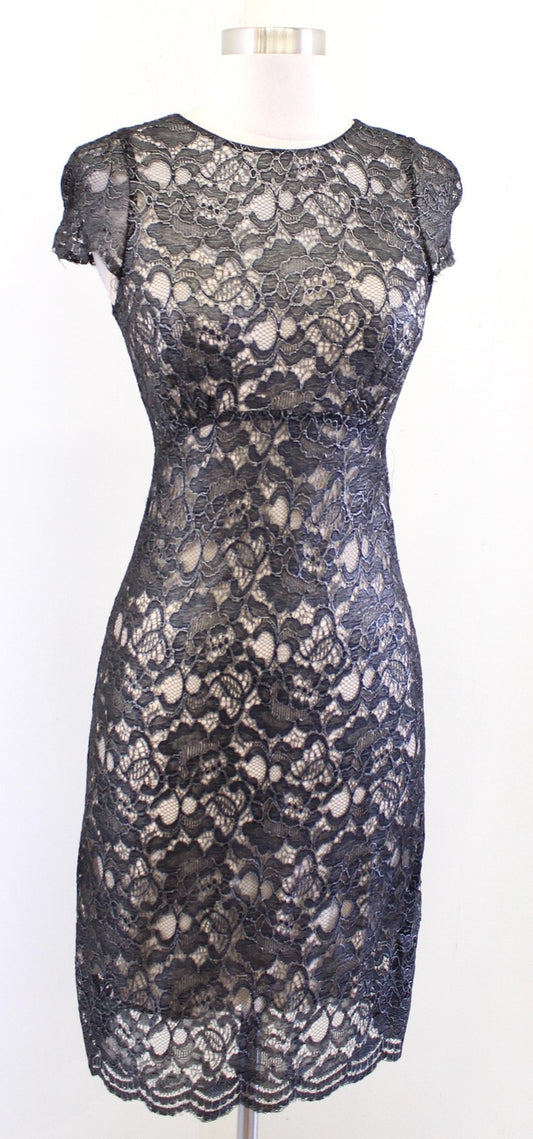 L'Agence Dress Womens 2 Black Nude Metallic Floral Lace Sheath Cocktail Party