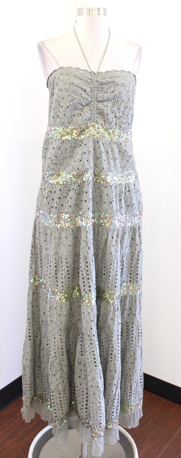 Boston Proper Dress Womens Medium Green Eyelet Lace Sequin Halter Maxi Sundress
