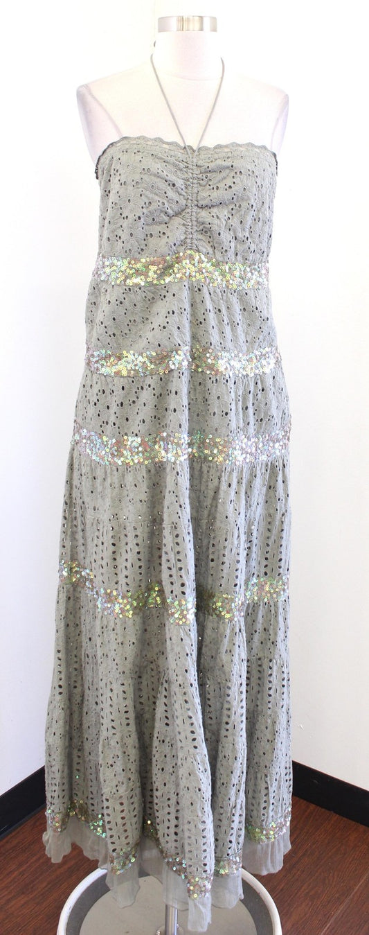 Boston Proper Dress Womens Medium Green Eyelet Lace Sequin Halter Maxi Sundress