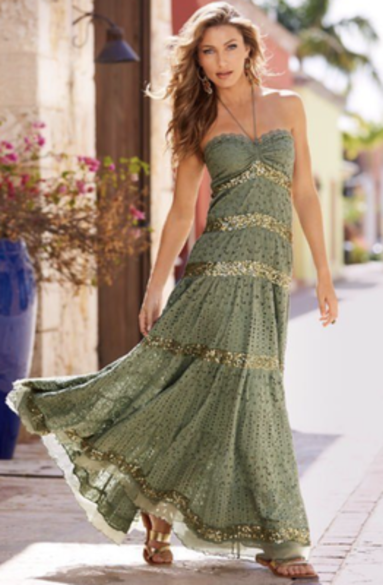 Boston Proper Dress Womens Medium Green Eyelet Lace Sequin Halter Maxi Sundress