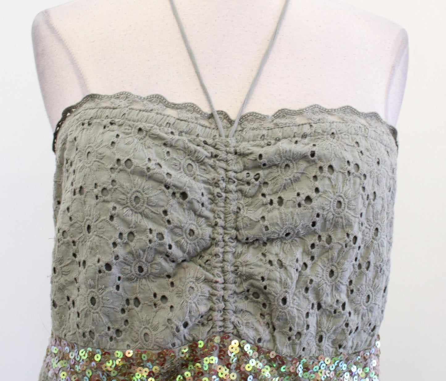 Boston Proper Dress Womens Medium Green Eyelet Lace Sequin Halter Maxi Sundress