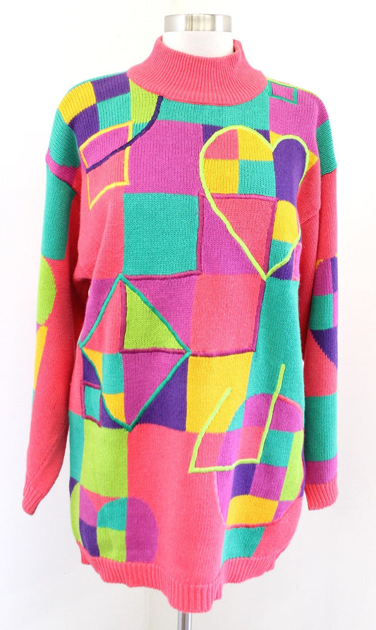 Vtg 90s Sweater Size XS Coral Multicolor Heart Geometric Turtleneck Retro Funky