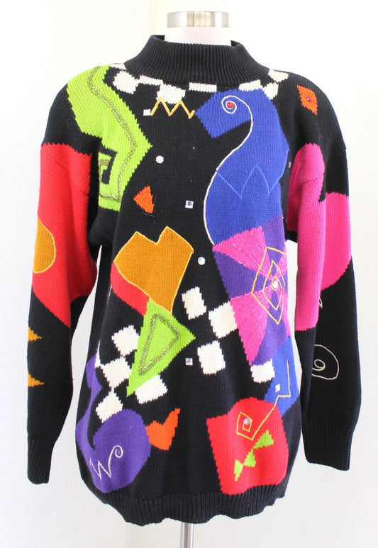 Vtg 90s Black Colorful Abstract Mock Neck Sweater Size S Retro Funky Weird