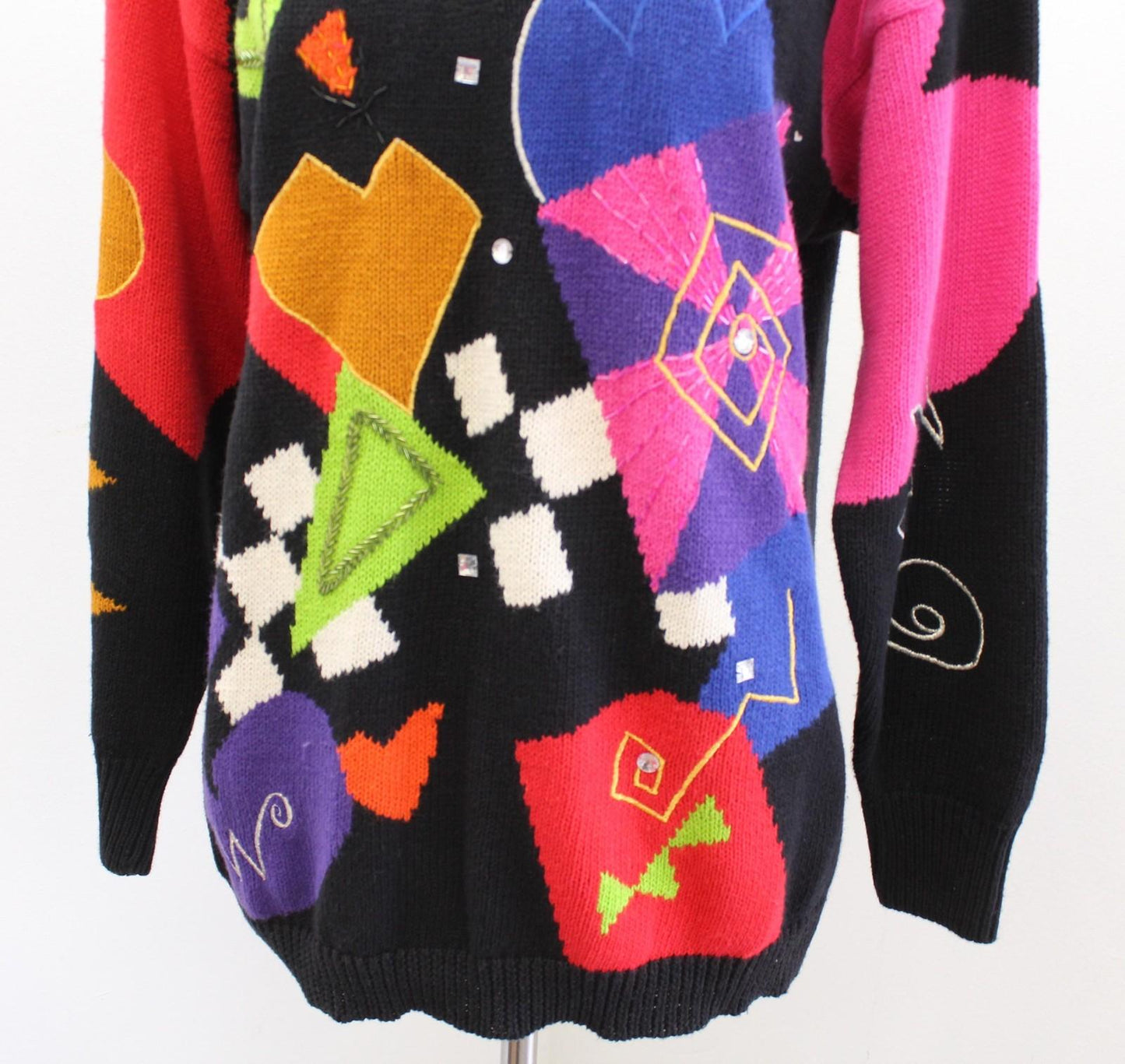 Vtg 90s Black Colorful Abstract Mock Neck Sweater Size S Retro Funky Weird