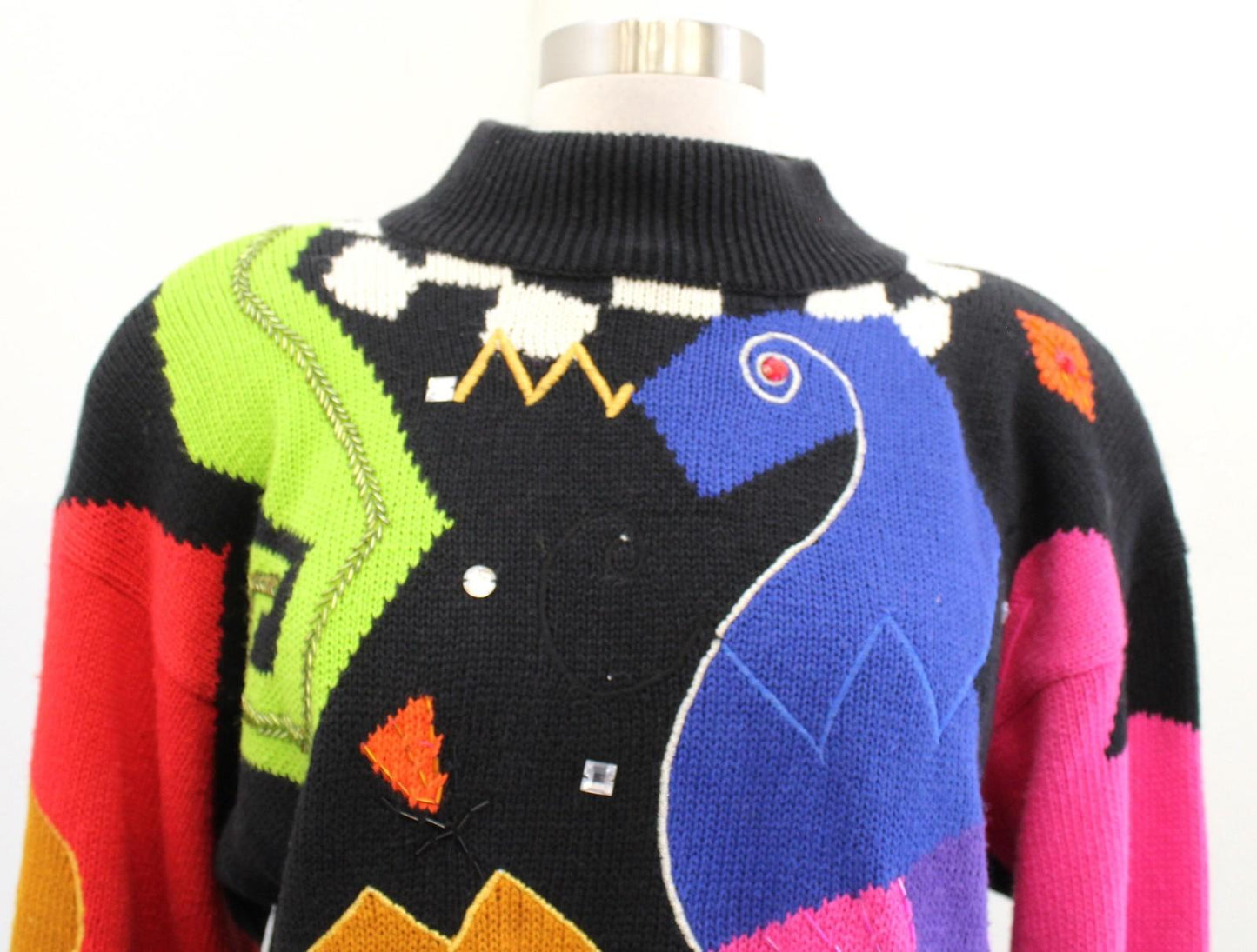 Vtg 90s Black Colorful Abstract Mock Neck Sweater Size S Retro Funky Weird