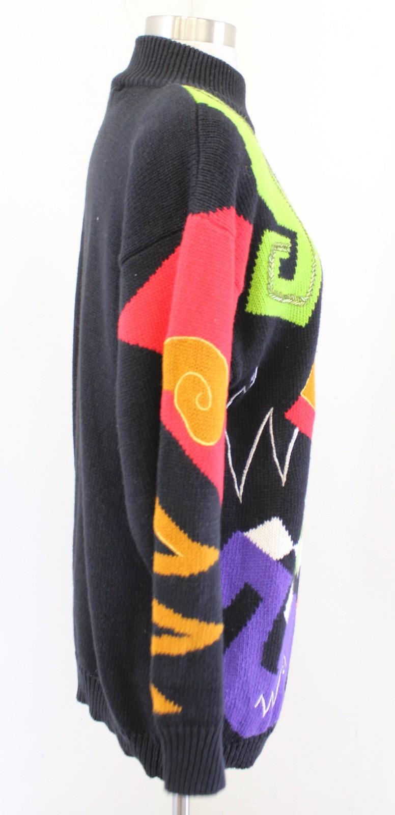 Vtg 90s Black Colorful Abstract Mock Neck Sweater Size S Retro Funky Weird