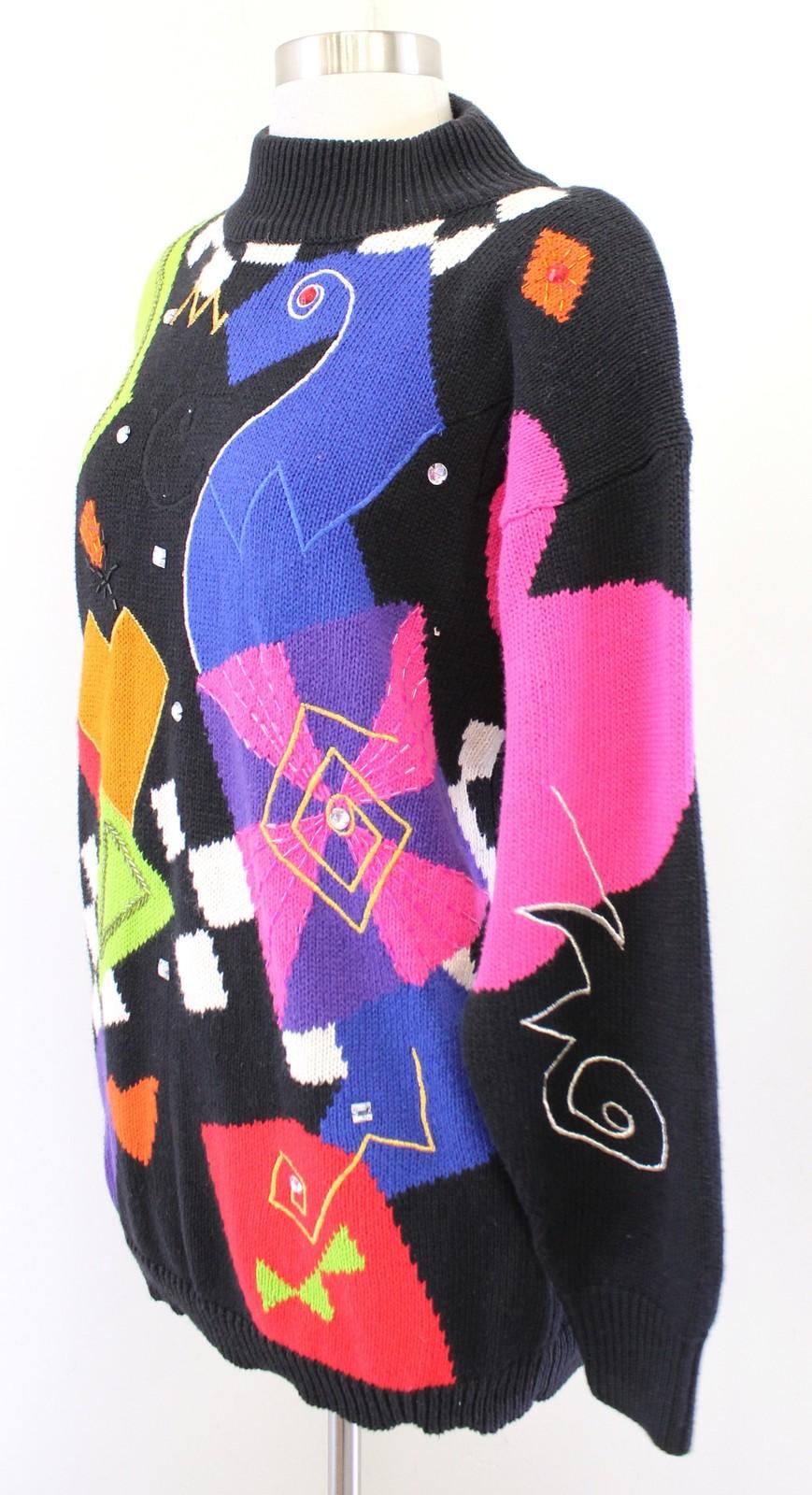Vtg 90s Black Colorful Abstract Mock Neck Sweater Size S Retro Funky Weird
