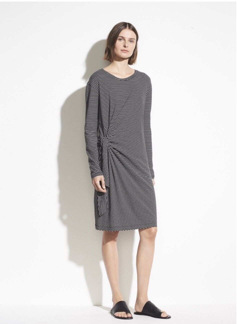 NWT Vince Black White Striped Side Tie Long Sleeve T Shirt Tee Dress Size S Knit