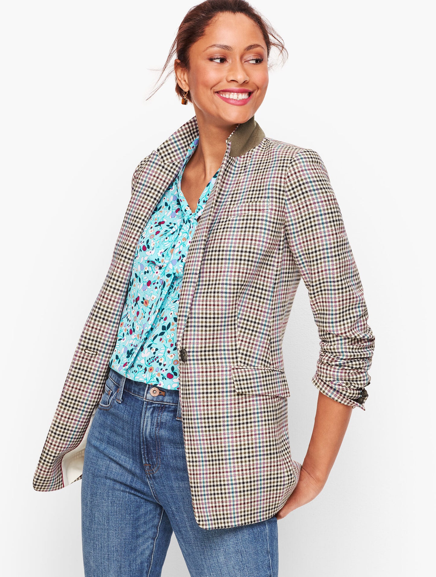Talbots Womens Multi Color Plaid Long Longline Blazer Jacket Size 10 Career
