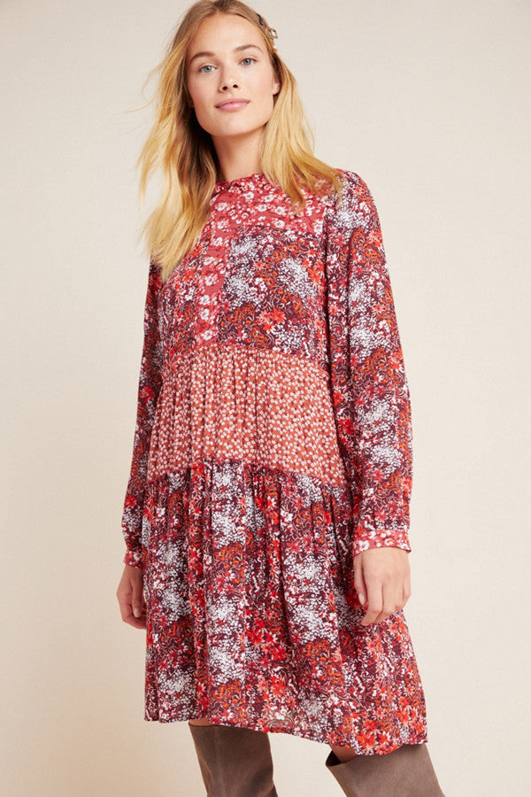 Maeve Anthropologie Esther Mixed Floral Print Tiered Tunic Shift Dress Sz S Red